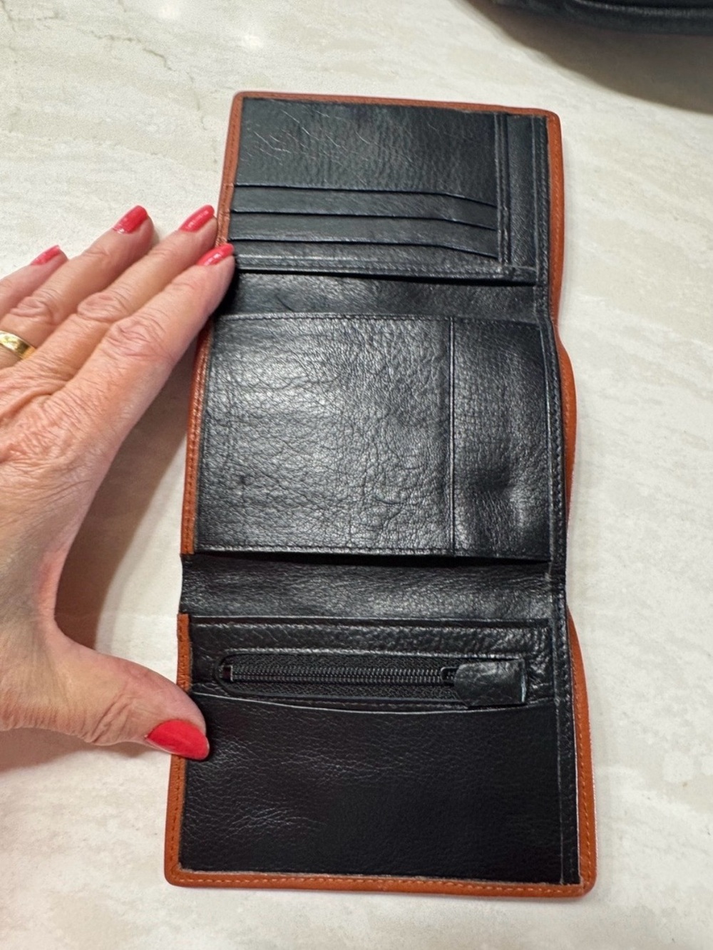 Black Leather Bifold Wallet with Brown Trim